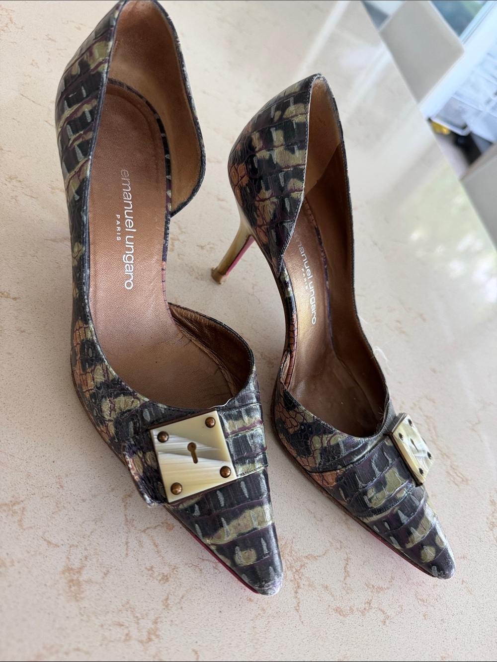 Emanuel Ungaro Olive Mosaic Pointed Toe Buckle Pumps